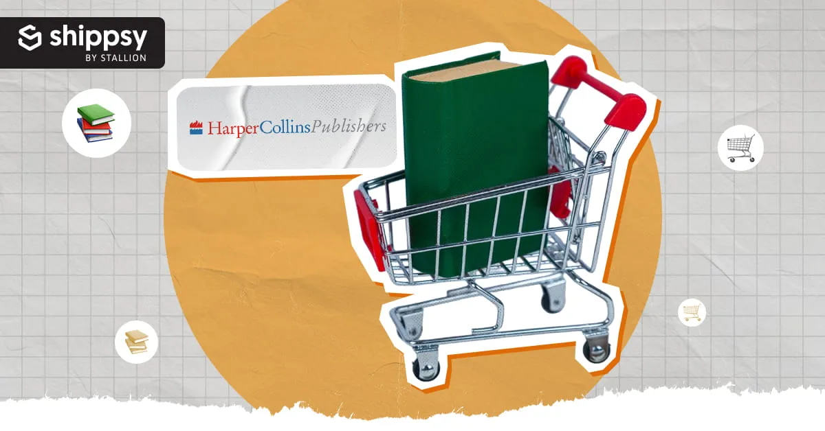 A book inside a shopping cart with the HarperCollins logo beside it
