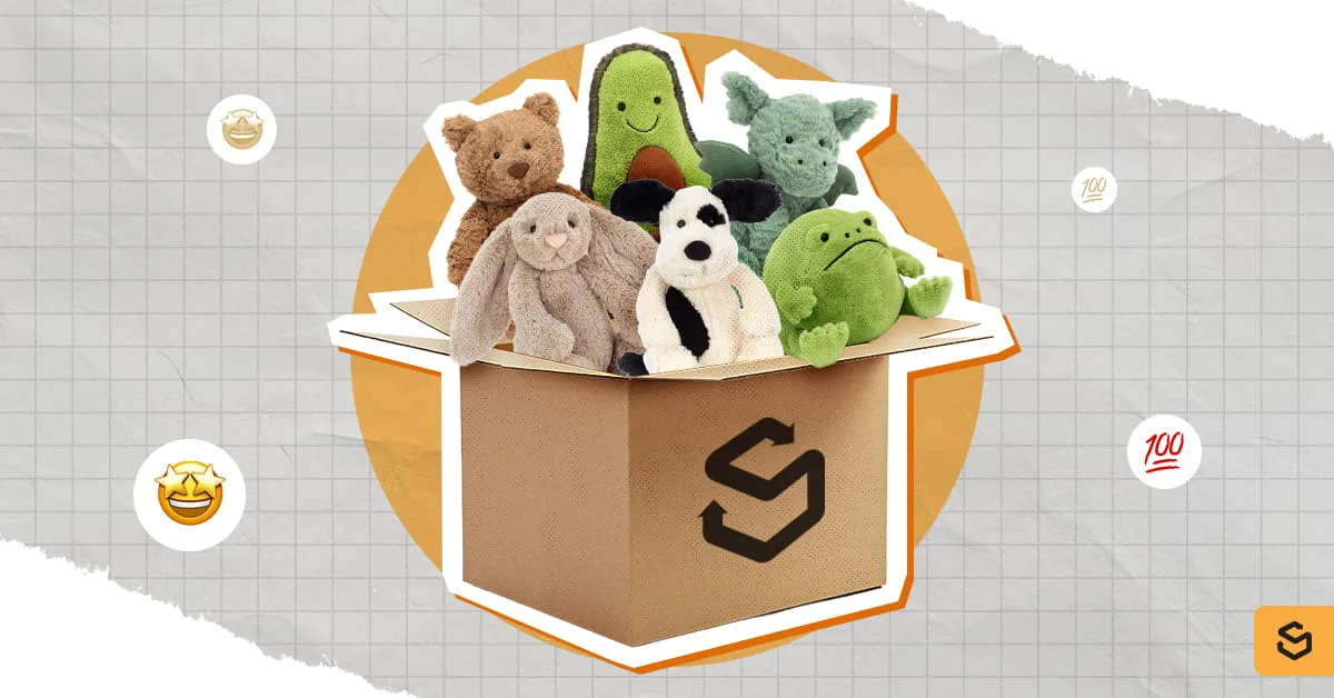 All six featured Jellycat plushies inside an open Shippsy package box