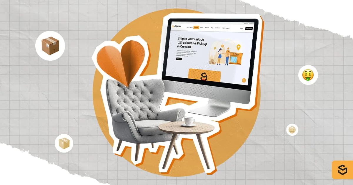 A single-seater couch and wooden side table set on the bottom left, an orange paper heart on the top left, and an iMac monitor with the Shippsy homepage on the screen on the top right part