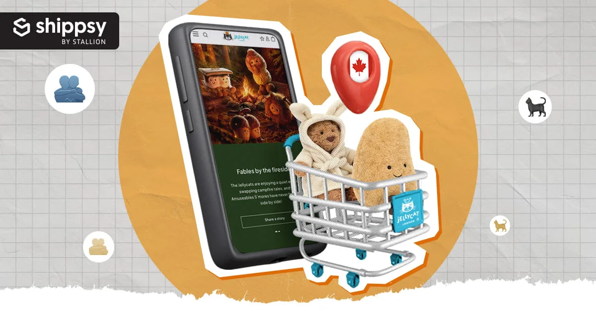A shopping cart with Jellycat plushies and a mobile phone on the side and a Canadian location above them