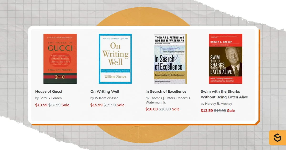The House of Gucci, On Writing Well, In Search of Excellence, and Swim with the Sharks Without Being Eaten Alive book covers