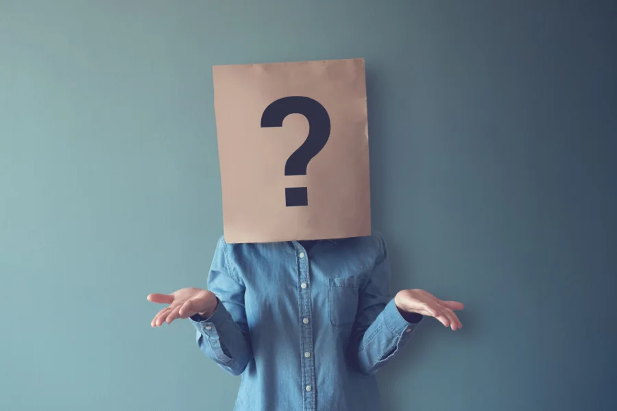 A model wearing a paperbag with a question mark