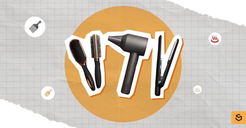 A hair brush, comb, dryer, and an iron