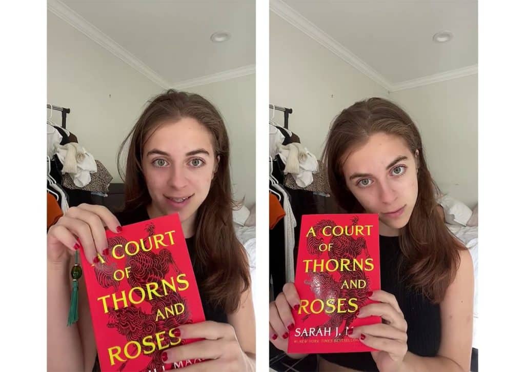 Two images of TikTok user @@arielimartin holding the book A Court of Thorns and Roses