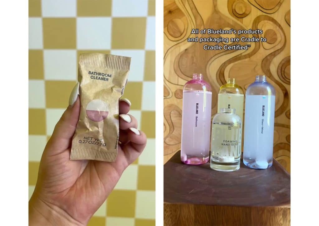 (left image) a hand showing Blueland’s Bathroom Cleanser packaging; (right image) four refillable Blueland refillable bottles on top of a wooden counter