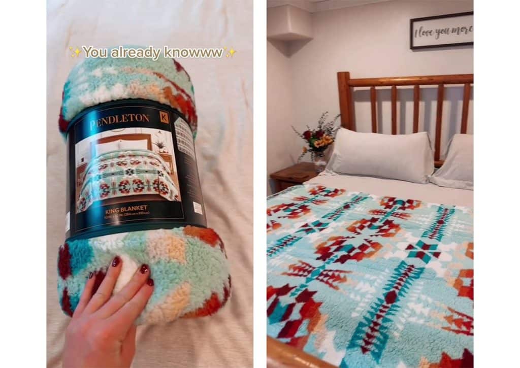 Alt Text: (L) blue Pendleton with autumn shades pattern, rolled up and laid on the bed; (R) The same blanket rolled flat on the bed