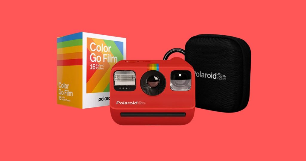 Polaroid camera bundle (from L to R) Color Go Film, red Polaroid Go instant camera, and black Polaroid God pouch with pastel red background