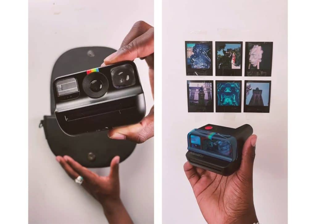 (L) black Polaroid Go instant camera, (R) A hand holding a Polaroid 600 instant camera, with different polaroid photos in the background