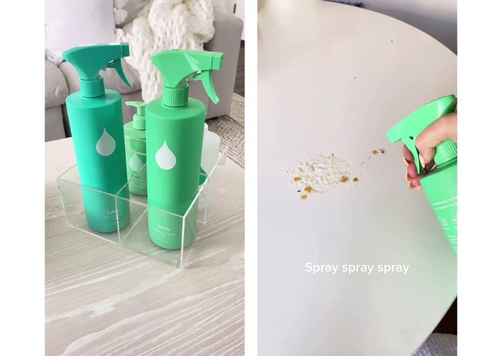 (Left image) different Safely products in an acrylic organizer on top of a wooden table. (Right image) Stain removed by Safely stain remover