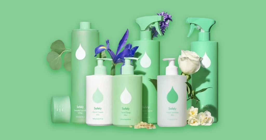 different Safely products in front of pastel green background