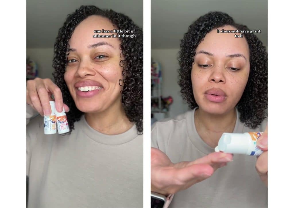 (L) The vlogger holds two Stream2Sea sunscreens in different variants. (R) The same vlogger is putting a pea-sized amount of sunscreen on her finger.