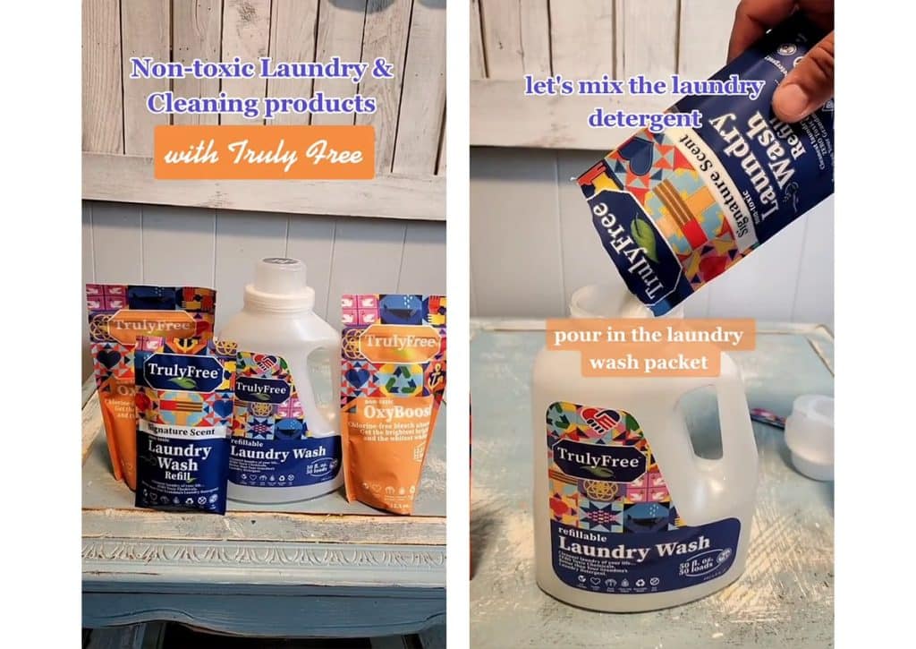 (Left image) Different Truly Free Products & (Right Image) The person is putting the Laundry Wash refill inside the Laundry Wash refillable gallon.