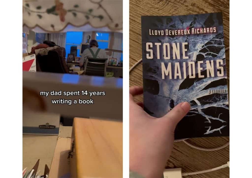 From L to R: Richards sitting in front of his laptop with text “my day spent 14 years of writing a book”; Paperback cover of Stone Maidens by Lloyd Devereux Richards