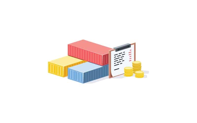 Cargo containers, financial chart with shipping costs, and stacks of gold coins