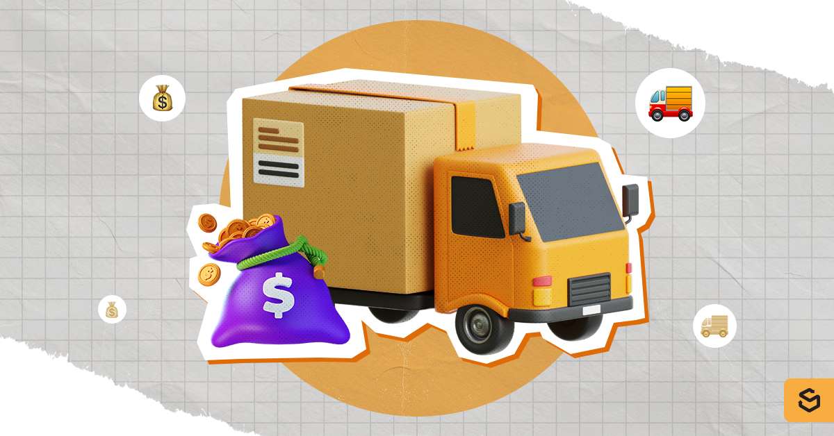 A package delivery truck with a bag of dollar coins.