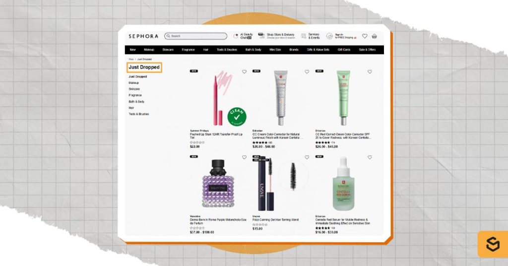 An image of Sephora's new releases page