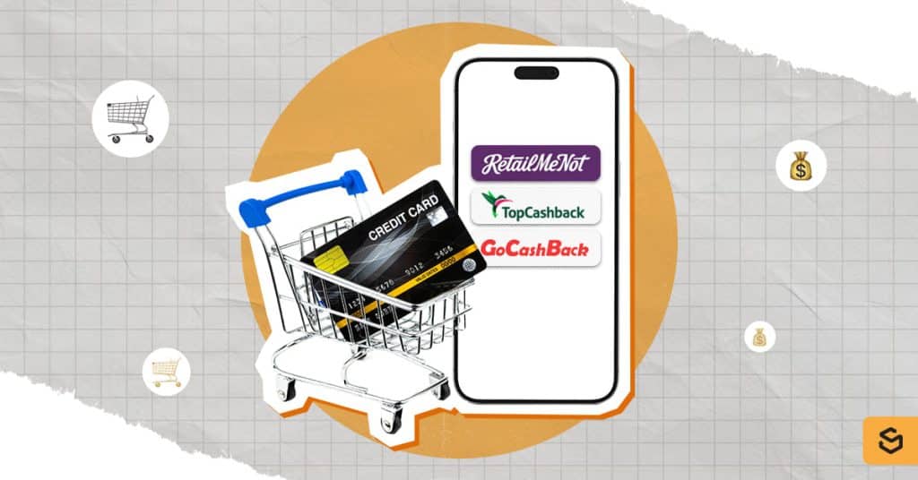 A shopping cart with a credit card and phone with cashback sites