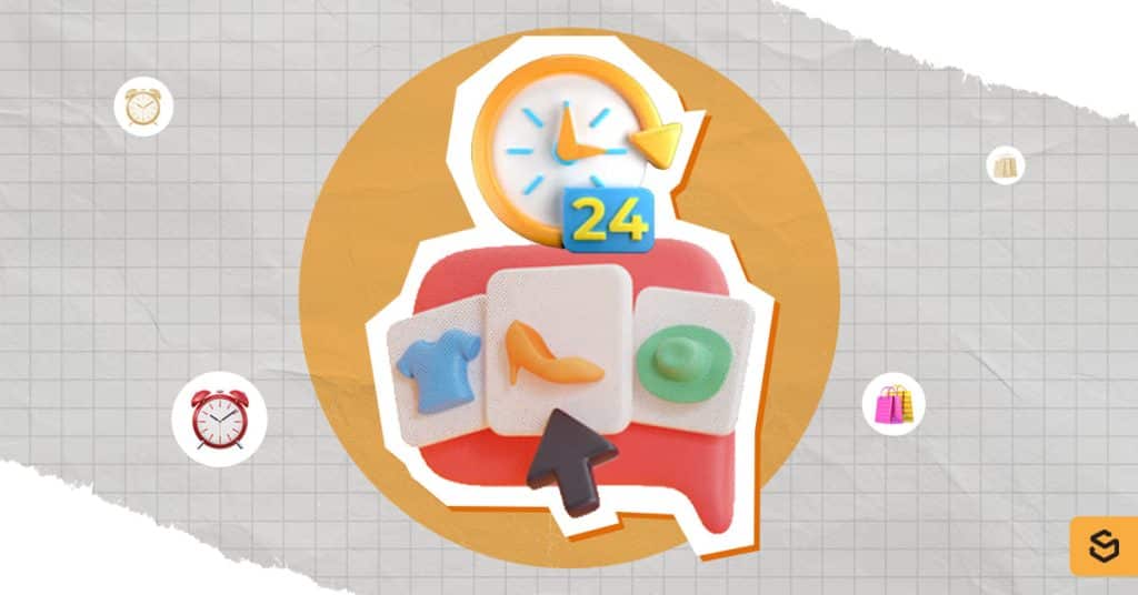 Shopping items and a clock with 24 sign