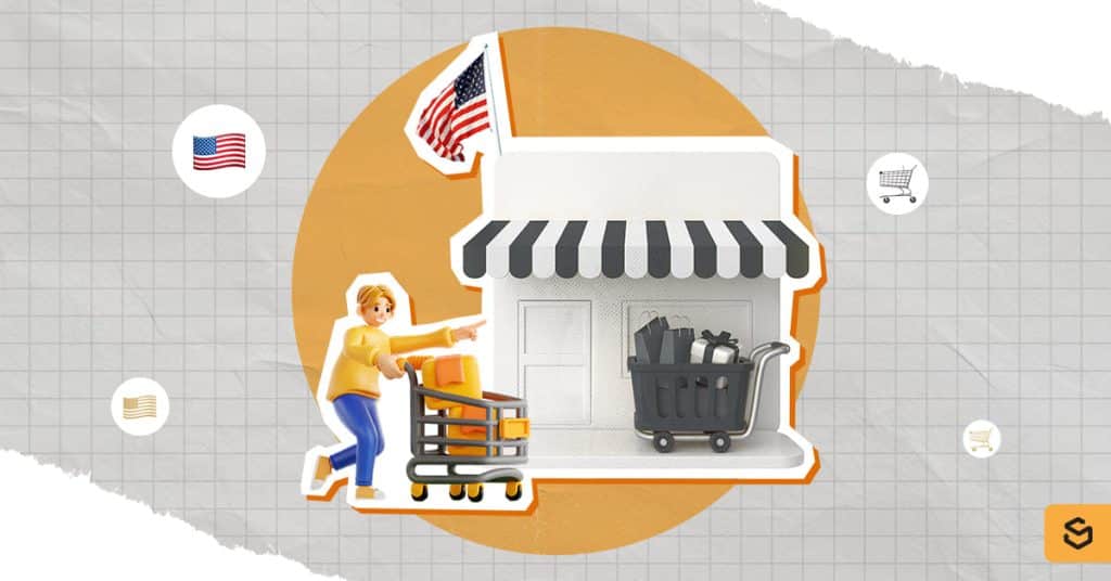 A woman pointing to a US store