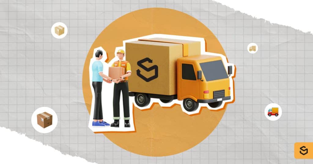 Un camion Shippsy et un homme recevant un colis d'un livreur
