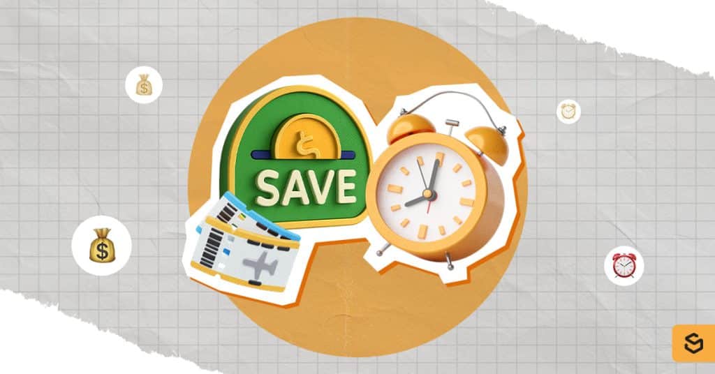 Plane tickets, a SAVE graphic, and clock
