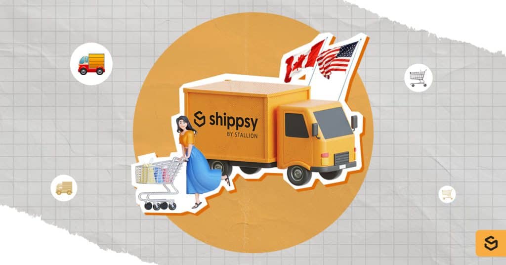 A woman with a shopping cart and a Shippsy truck with the Canada and US flags