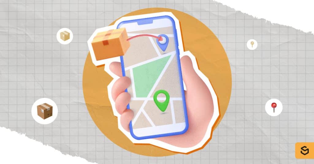 A package and phone with location pins.