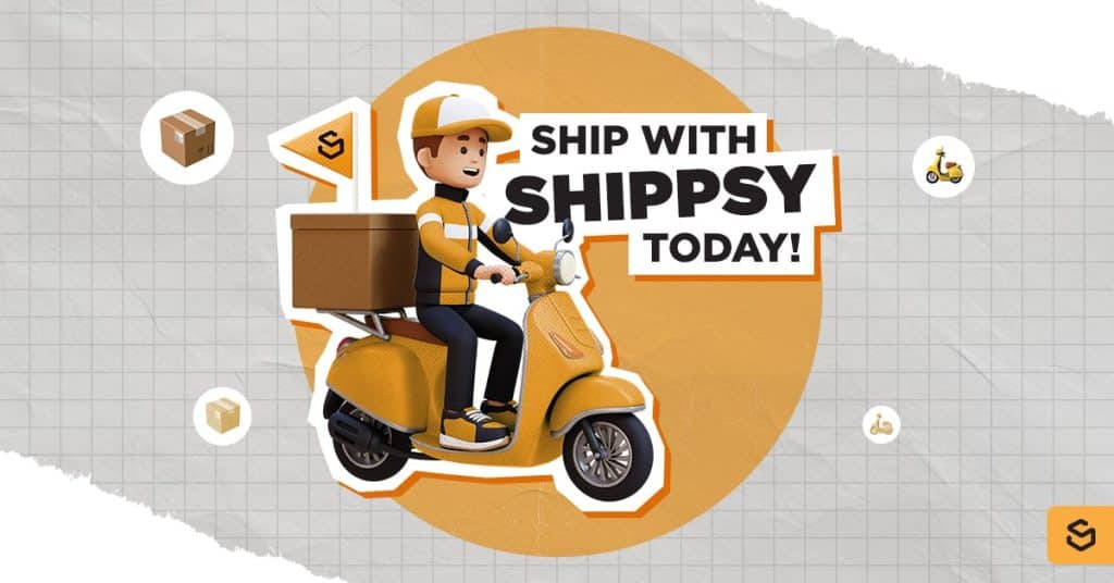 Un graphique en 3D d'un homme sur une moto jaune avec le texte "SHIP WITH SHIPPSY TODAY !" (expédiez avec SHIPPSY aujourd'hui).