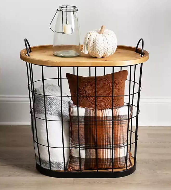 Black Wire and Natural Wood Basket Side Table