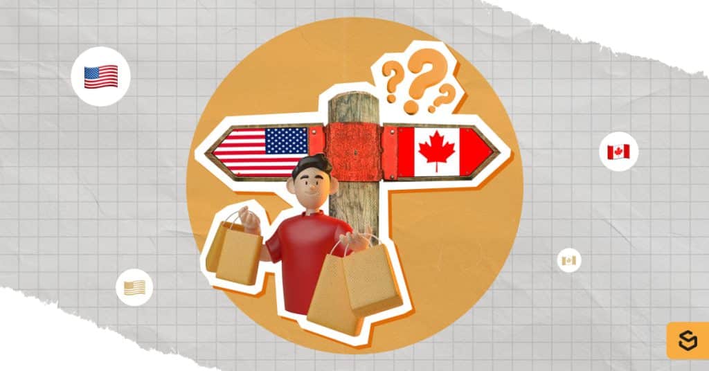 A shopper and a pole with the US and Canada flags