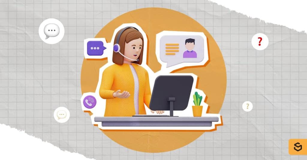 A 3D-graphic person talking working as a customer support representative
