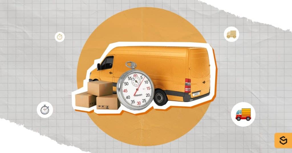 A yellow delivery van with a stopwatch and three brown boxes beside it