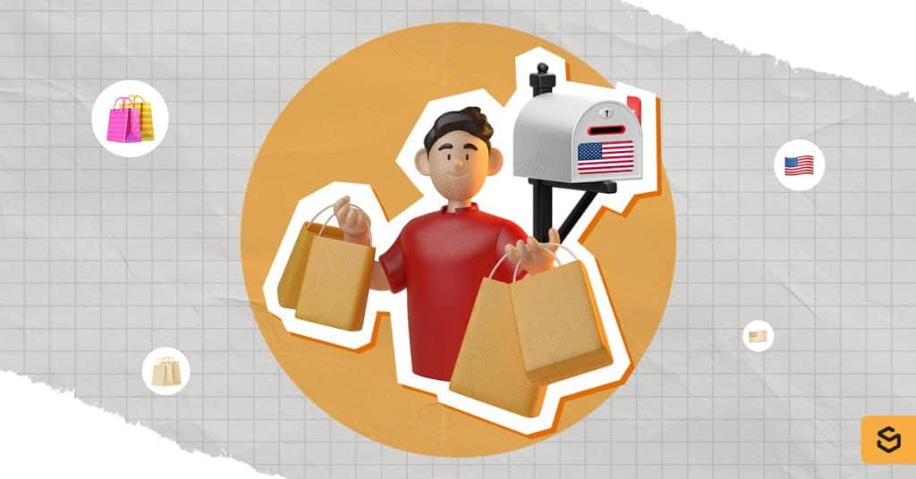 Un homme avec des sacs de courses et une boîte aux lettres américaine