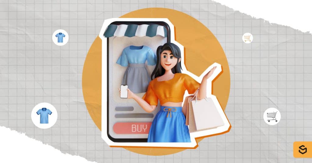 An image of a person holding a phone and shopping bags, with a phone and dress behind