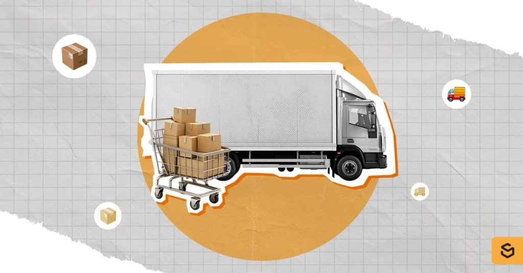 A delivery truck and shopping cart with packages