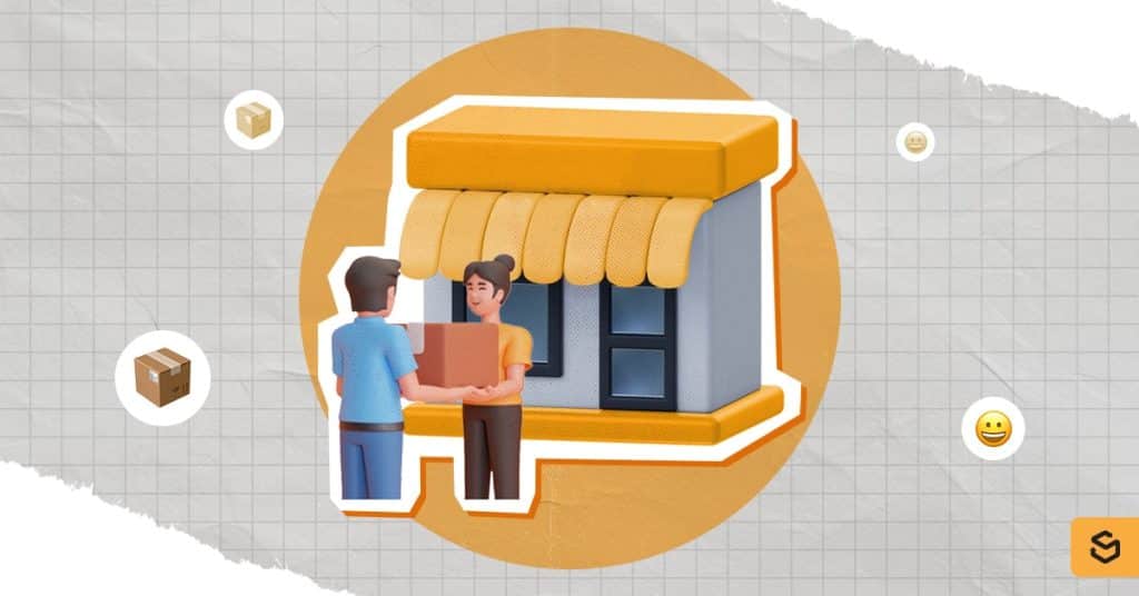 A delivery man is handing a package to a woman outside the store