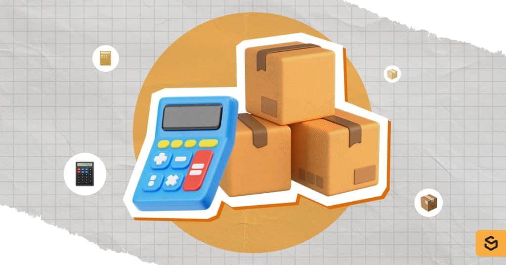 Three brown boxes with a blue calculator beside them