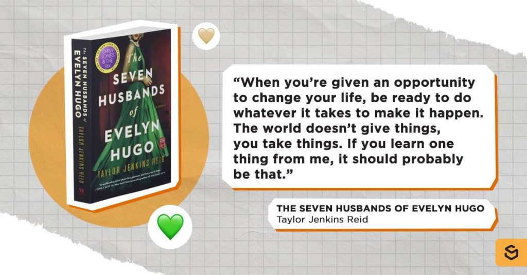 Excerpt from "The Seven Husbands of Evelyn Hugo" and its book cover beside it.