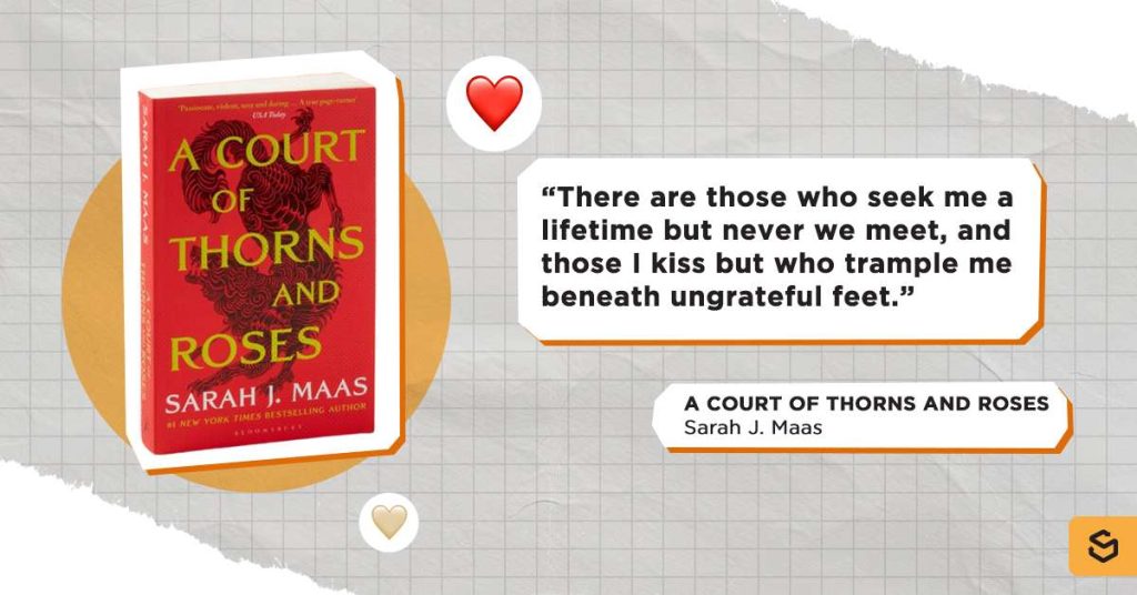 Excerpt from "A Court Of Thorns and Roses" and its book cover beside it.