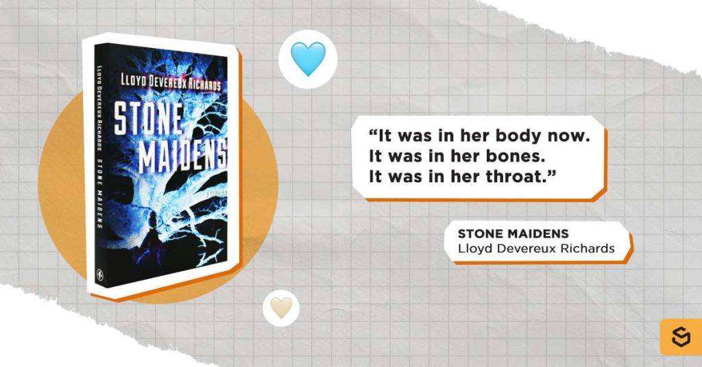 Excerpt from ""Stone Maidens" and its book cover beside it.