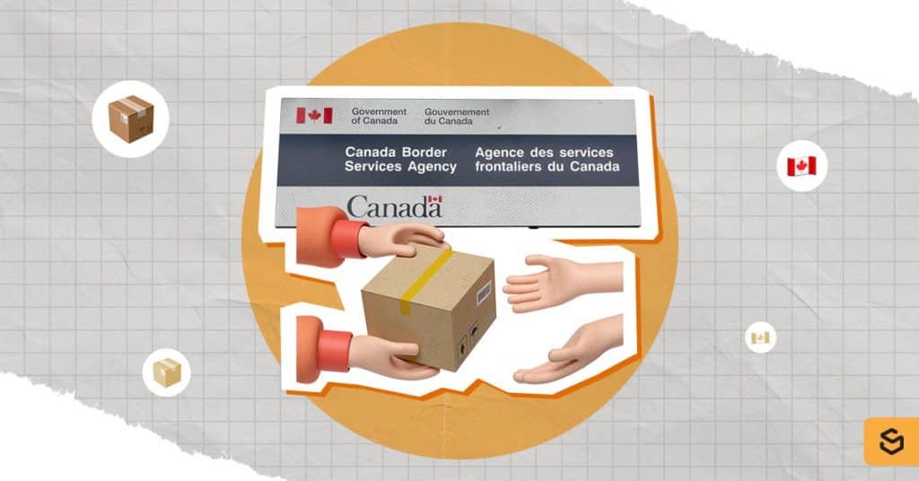A CBSA sign and hands giving and receiving a package