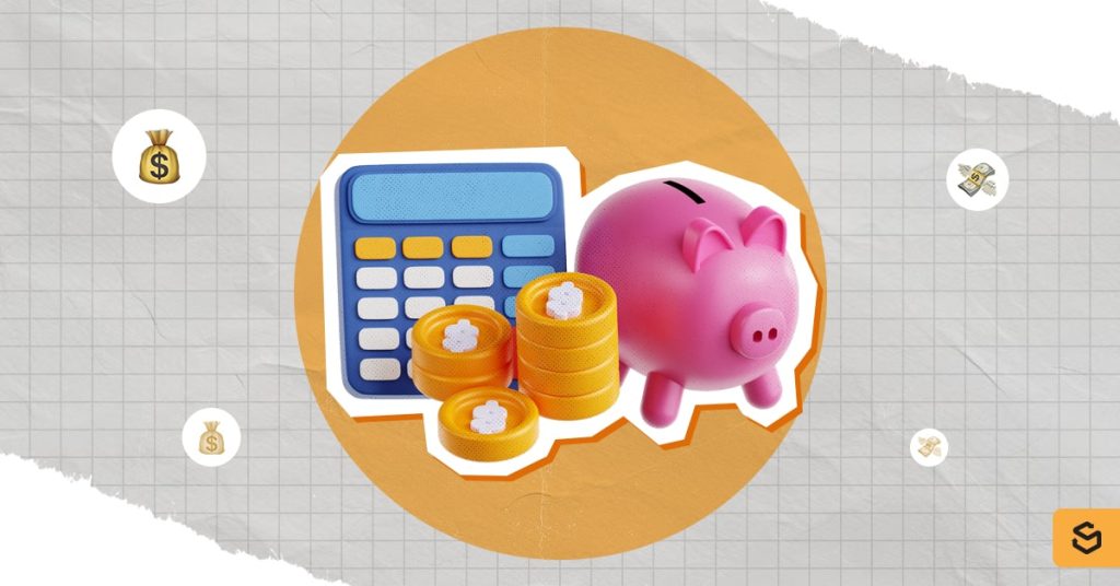 A pink piggy bank, a stack of coins, and a blue calculator