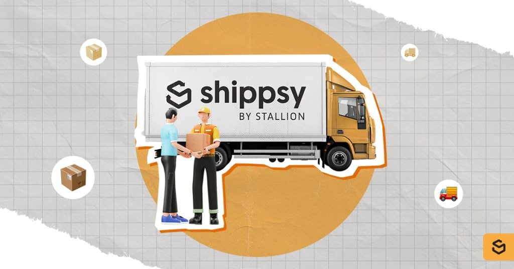 A man receiving a package from a deliveryman and a Shippsy truck behind them