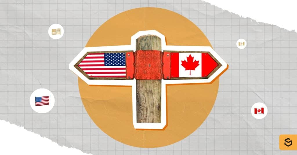 A post with the US flag on the left and the Canadian flag on the right