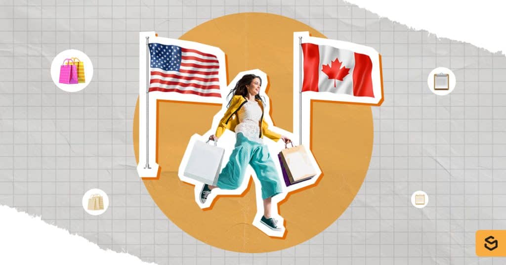 An image of a woman holding shopping bags and the US and Canada flags behind.