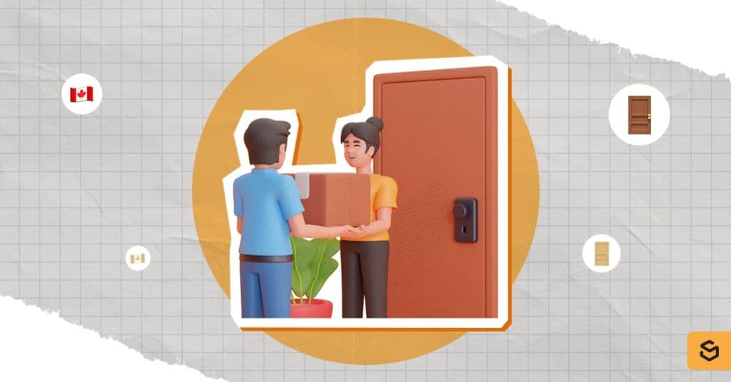 A 3D graphic of a man handing a package and a woman receiving it