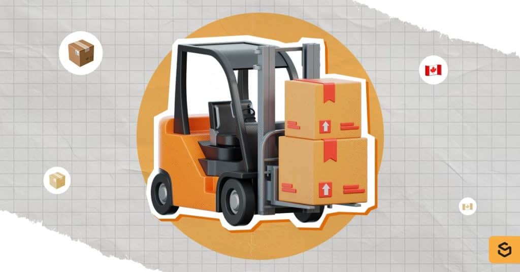 A 3D graphic of a forklift carrying two package boxes
