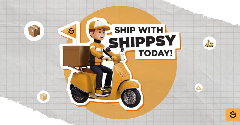 A deliveryman on a motorcycle and text Ship with Shippsy today.