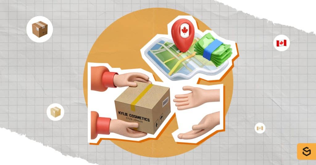 Hands receiving a Kylie Cosmetics package with a map, Canada pin, and money behind