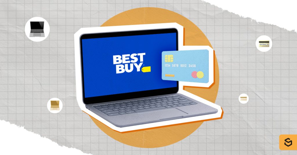 Un ordinateur portable portant le logo Best Buy et une carte de crédit